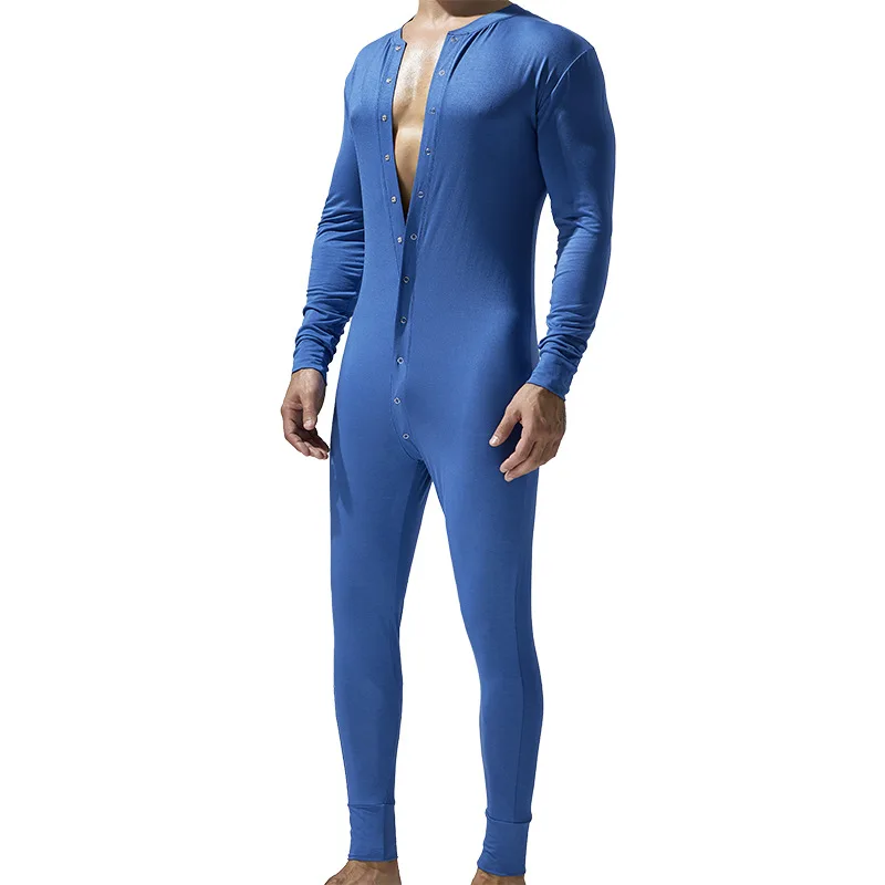 

Men's Hot Sexy One Piece Bodysuit Long Sleeve Button Modal Jumpsuit Female Blue Gray Tight Fitting Loungewear Pajamas Jumpsuits