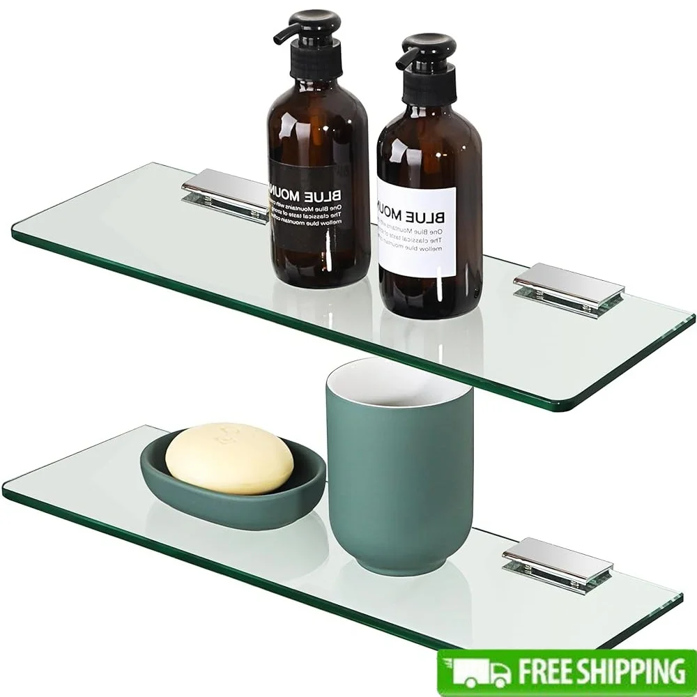 

Floating Glass Shelves Bathroom Thick Tempered Glass Storage 15 Inch Wall Mounted Shelf 2 Pcs Easy Installation Durable Chrome