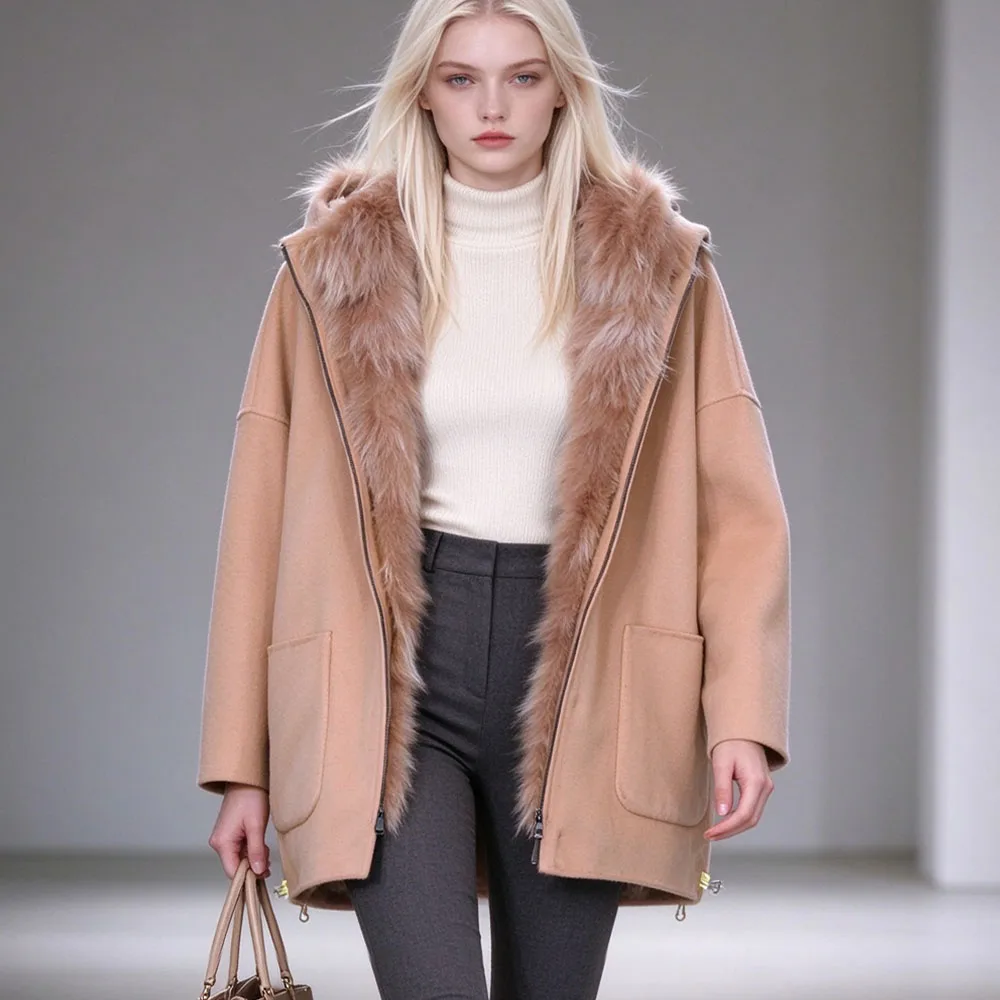 2026 New MAOMAOKONG Real Natural Fox Fur Lining Wool Blends Female Coat Winter Women Jacket Overcoat Woolen Coat