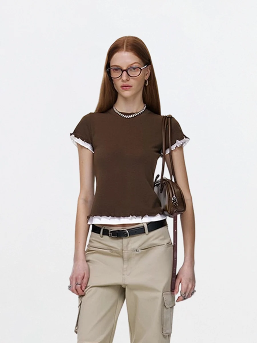 

AHMI Color Blo T-irt Women's Slim Fit round Ne ort Sve Summer New Sle Faion Commute Korean Sle Top