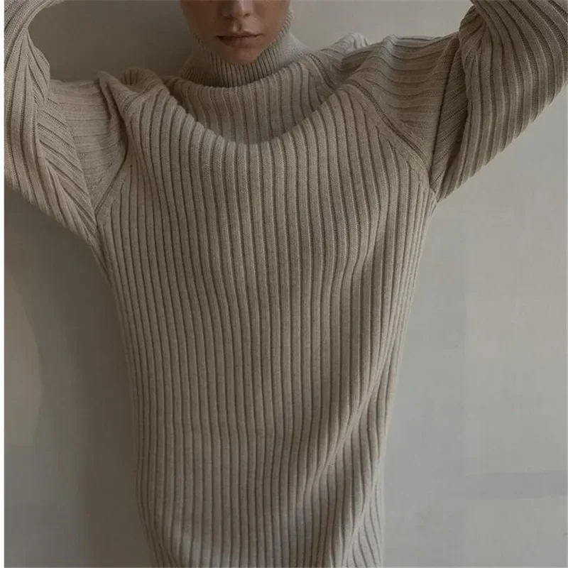 Simple Stripe Thread Knit Short Dress Female Fashion Medium Length Solid Color High Neck Warm Loose Sweater For Women