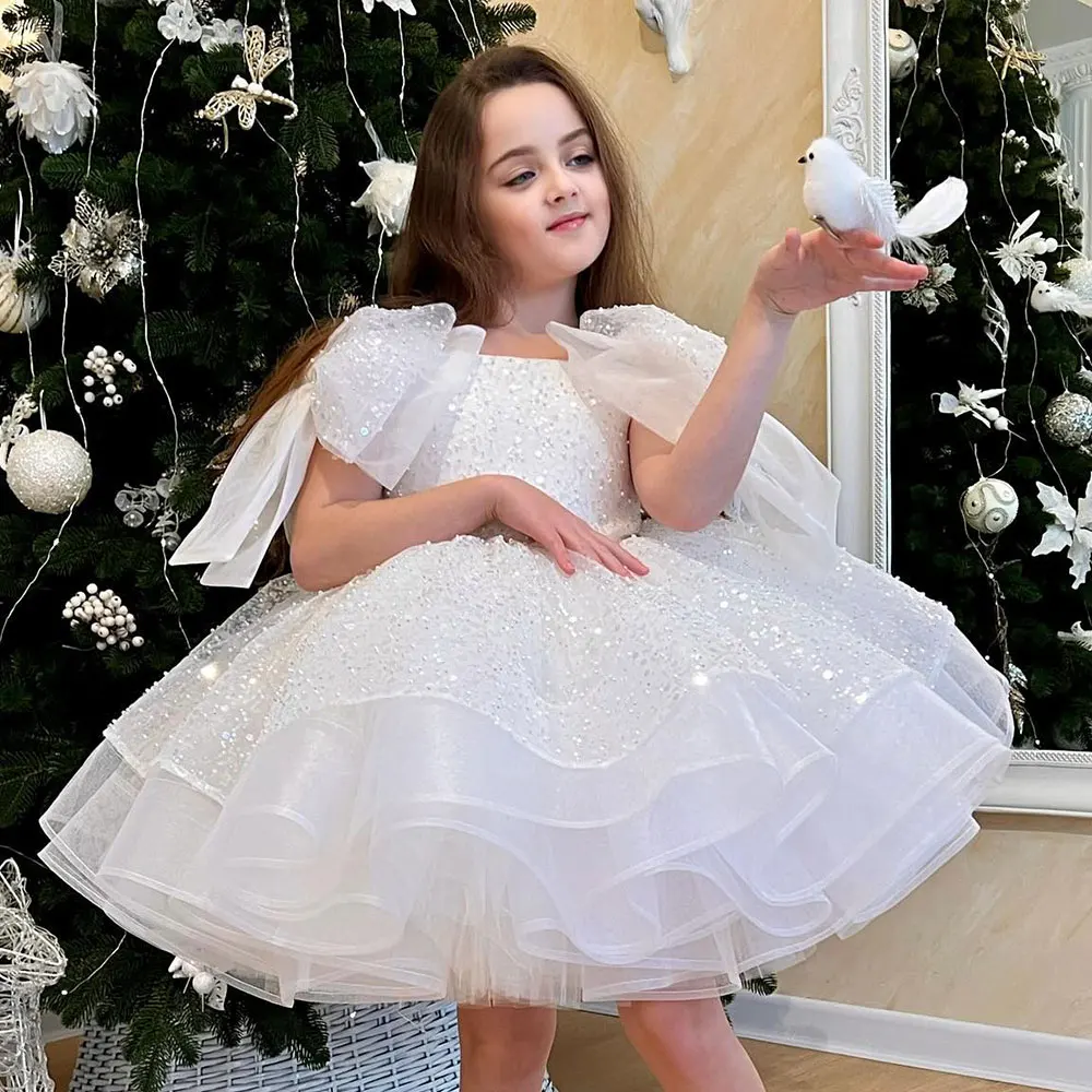 Jill Wish-vestido branco brilhante com arco grande para meninas, vestido de princesa para crianças, casamento e festa de aniversário, primeira comunhão, concurso, rosa champanhe, J343