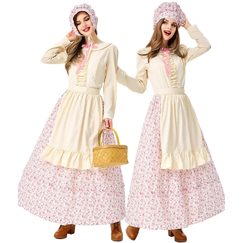 Sweet Alice Maid Cosplay Dress for Women Farmer Pastoral Style White Floral Dress Pastry Cook Housekeep Halloween Party Costume