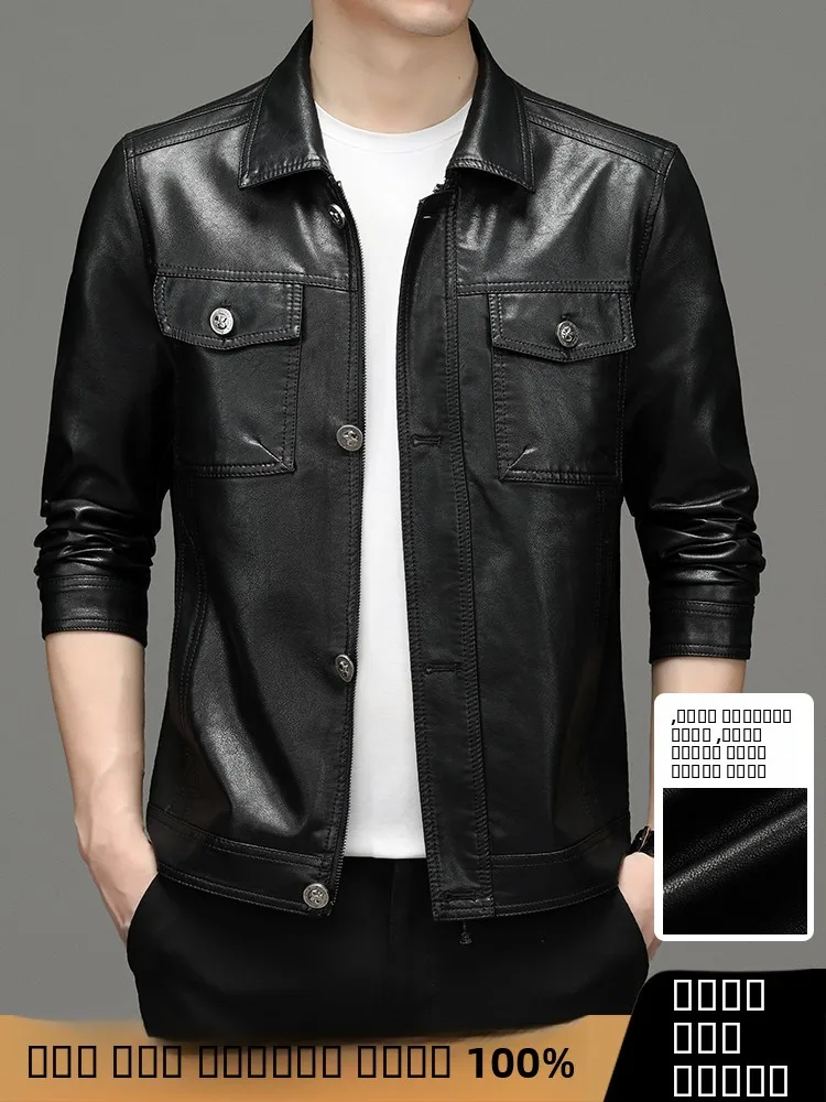 

Pure Color Genuine Leather Jaet Men's Autumn Winter Sle Zipper Collar ort Faion Busin Casual