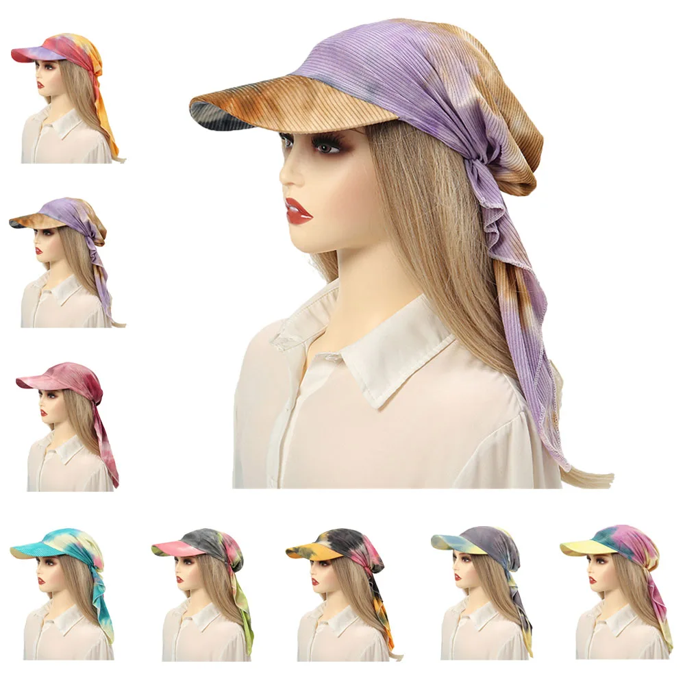 

Summer Muslim Hijab Women Baseball Wide Brim Cap Sun Visor with Pre-Tied Turban Caps Headscarf Windproof Bandana Outdoor Sun Hat