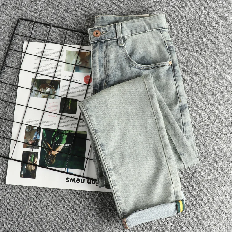 ヴィンテージブルーウォッシュ加工ダメージ加工春夏新作メンズスキニーアメリカンスタイルトレンドジーンズ