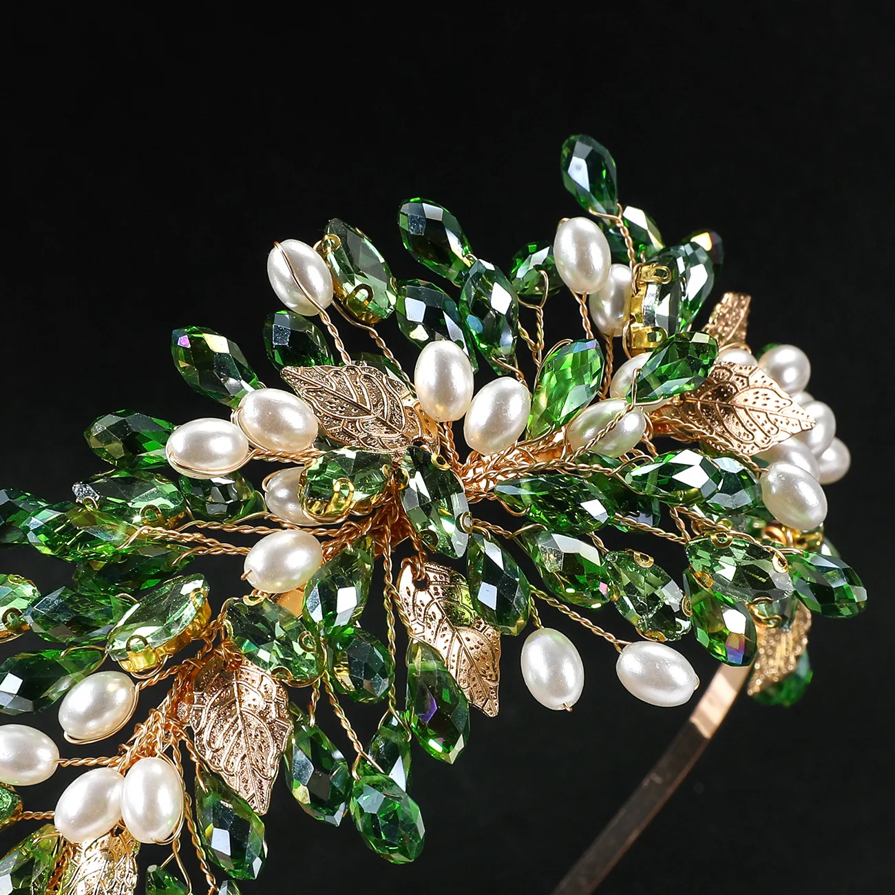 SLBRIDAL Handgefertigte Kristall-Strass-Perlen Blumen-Blatt Braut-Tiara Stirnband Hochzeitskrone Haaraccessoires Damen Mädchen Schmuck – Detail 8