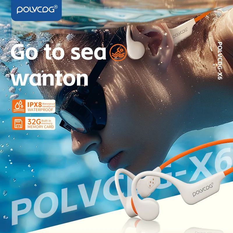 POLVCDG earphone Bluetooth, konduksi tulang earphone memori 32GB IPX8 tahan air berenang berlari dan bersepeda