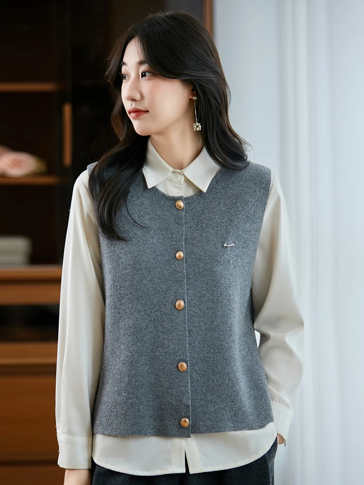 

2025 весенне-осенний новый вязаный жилет из чистой шерсти Sle 00, женский круглый открытый кардиган Ne Svel, топ с жемчужными пуговицами и плечами