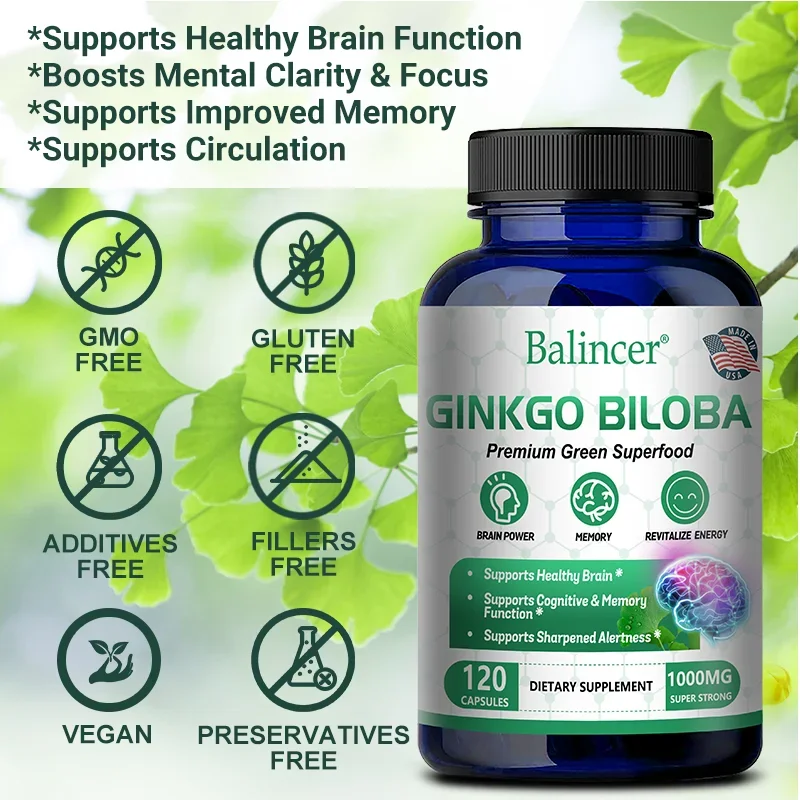 Premium Ginkgo Biloba Capsules - Supports Brain Health, Concentration, Cognitive & Memory Function, Alertness, Blood Circulation