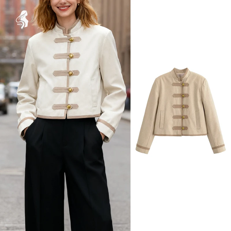 

Womens Short Chinese Style Stand Collar Jacket With Frog Buttons Contrasting Trim And Gold Buttons Retro Commuter Casual Jacket