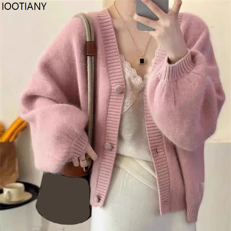 

Корейские вязаные кардиганы с воздушными шариками и рукавами, женские шикарные однобортные свитера с v-образным вырезом, пальто, женские свободные однотонные теплые кардиганы