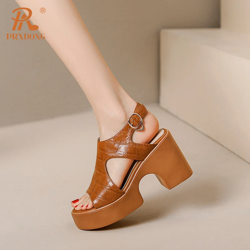 PRXDONG Women\'s Shoes New Brand Genuine Leather Summer Chunky High Heels Buckle Beige Brown Dress Party Casual Lady Sandals 39