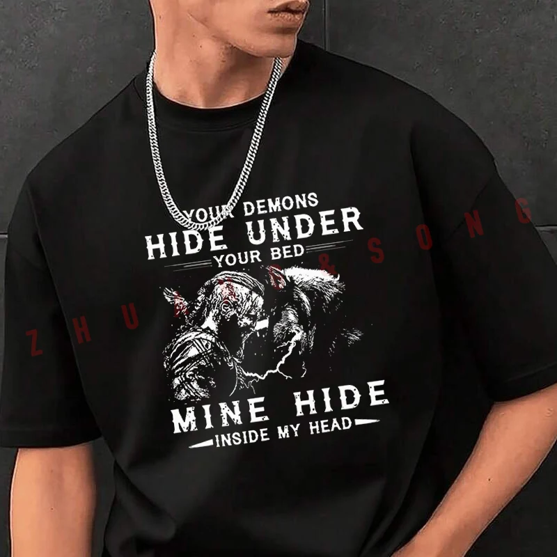 

Viking Wolf & Bold Letter Men's Fashion T-shirt Casual Trendy Tshirts For Summer Comfortable Short Sleeve Tops