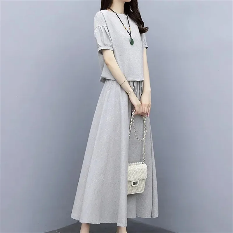 Cotton Linen Skirt Two-Piece Women\'s Summer 2024 New Set Slim Skirts Sleeve Suit Skirts Fashion 2PCS Temperament Female Outfit