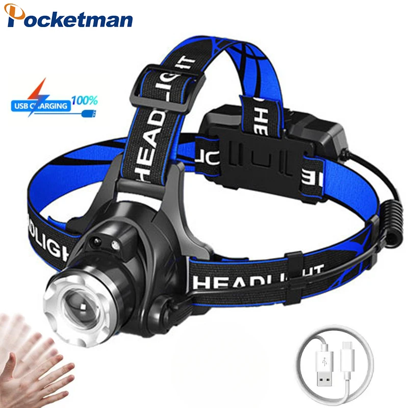 IR Sensor Headlamp USB Rechargable LED Head Light Outdoor Waterproof Head Lamp Long Range Searchlight for Camping Running