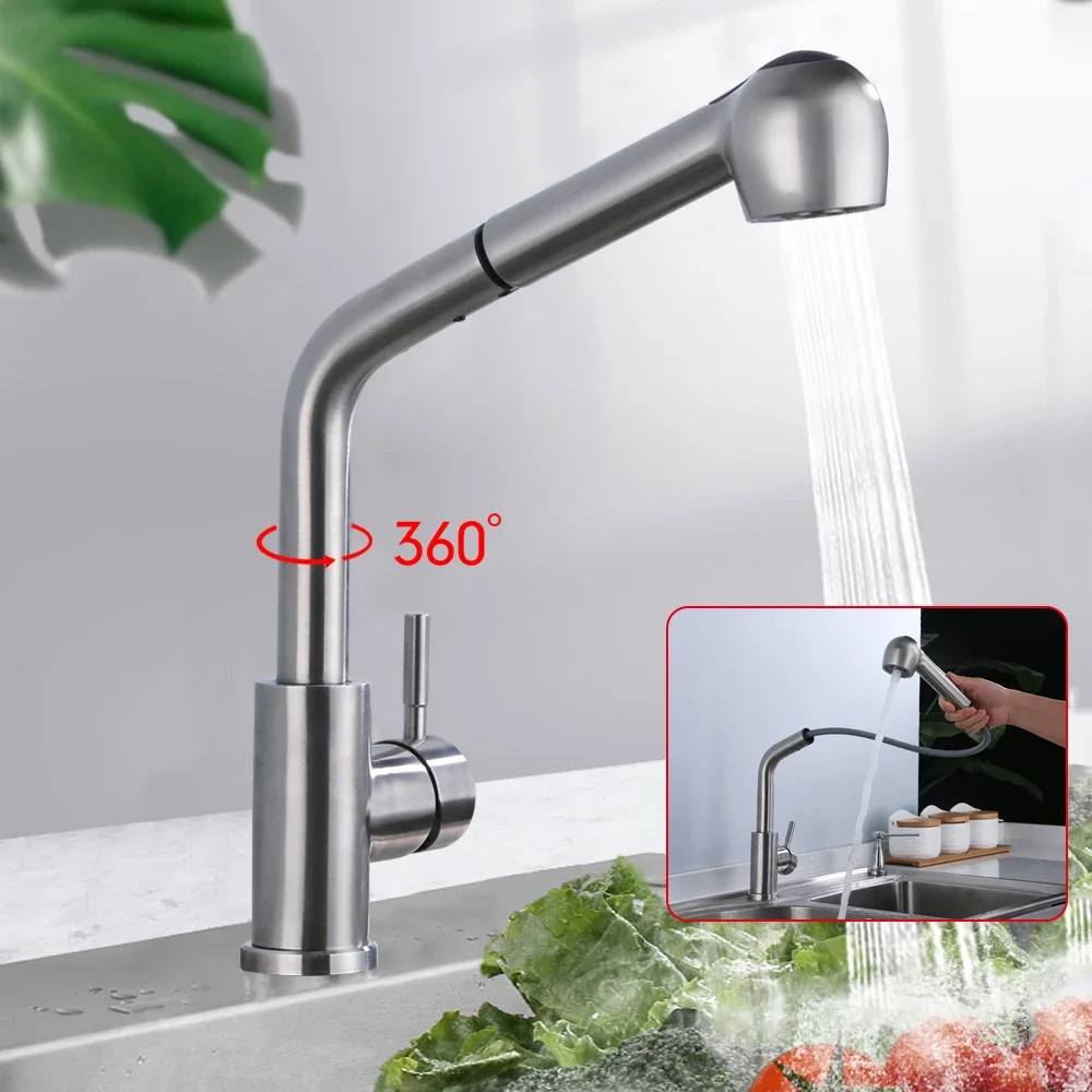 360° Rotating Stainless Steel Extendable Sink Faucet Kitchen Faucet with Pull Out Shower Head Single Lever Mixer Tap