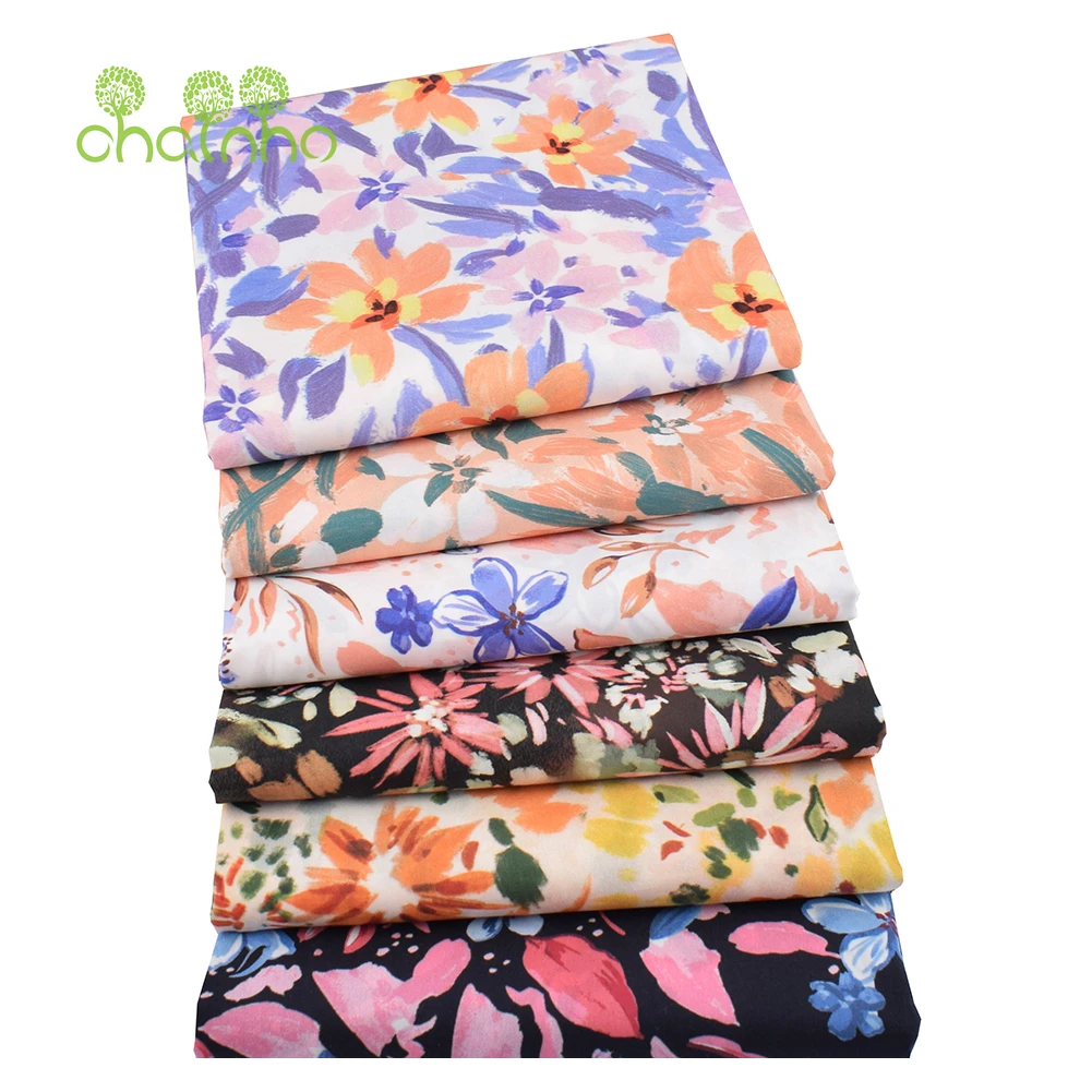 Chainho,Printed Plain Weave Poplin Cotton Fabric,DIY Sewing Quilting Material,Patchwork Cloth,Floral Series,4 Specification,PC16