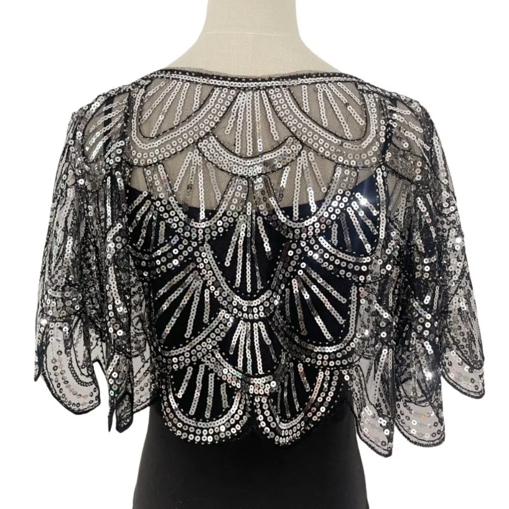 Fashion Ruffle Sequins Poncho Coat Blingbling Mesh Sequins Shawls 1920s Theme Short Cape Flapper Shawl Ladies