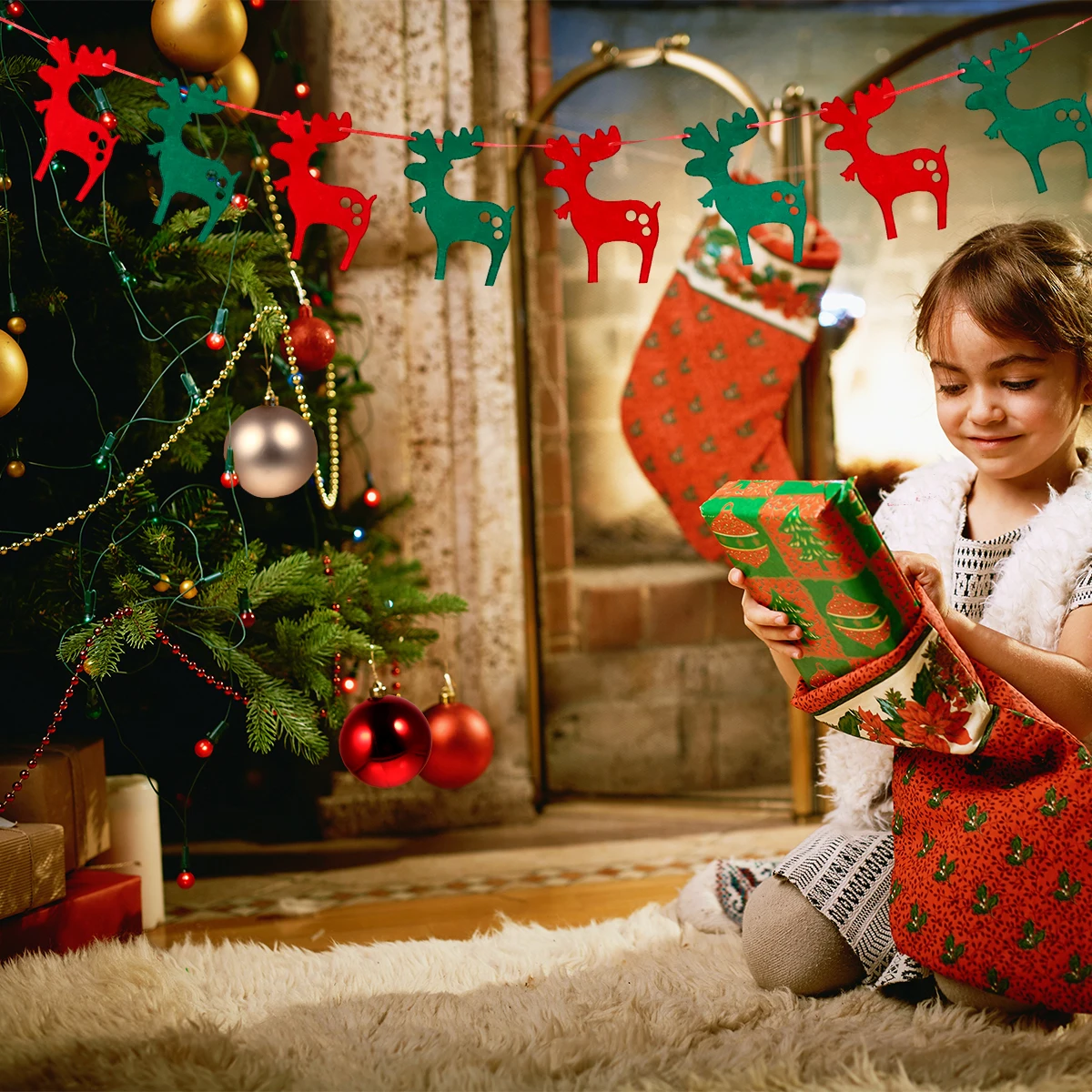 

3pcs Christmas Deer Tree Letter Garland Non Woven Fabric Party Decoration Hanging For Home Nursery Classroom Office Garden Wall