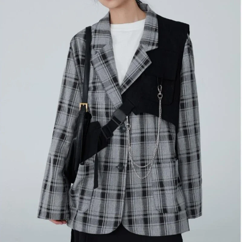 2023 Fashion New Plaid Blazers Set Streetwear Vest Thin Graphic Sense Chain Loose Notched Single Breasted Blazer+Vest Two Piece