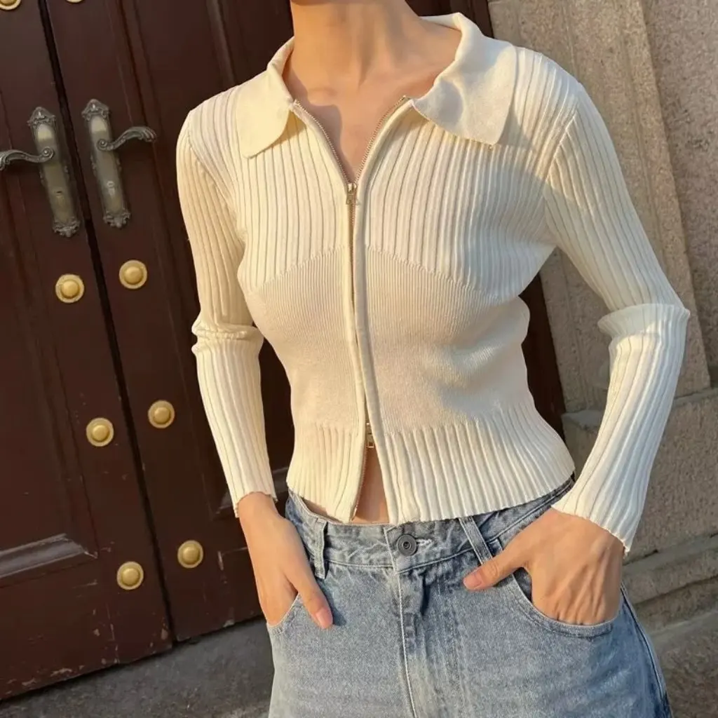 

Women's Slim-fit Knitted Cardigan Double Zipper Lapel Short Sweater Jacket Solid Color Tight Waist Spring Hot Style