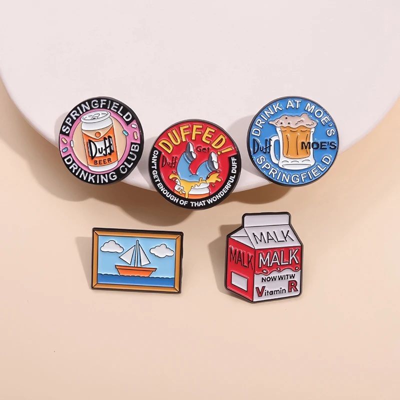 Spring Field Drinking Club Enamel Pins Custom Beer Coke Milk Sailing Trip Brooches Lapel Badges Funny Jewelry Gift for Friends