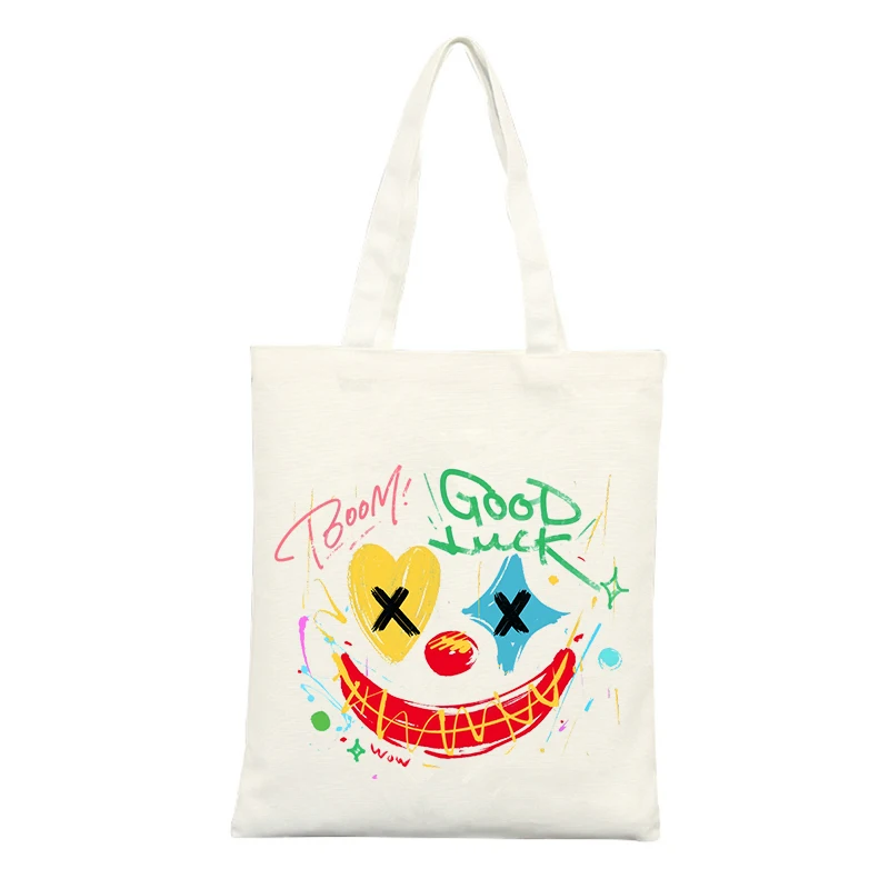 Clown Face Graphic Canvas Tote Bag with Typography Print, Ideal for Casual Shopping and Daily Use