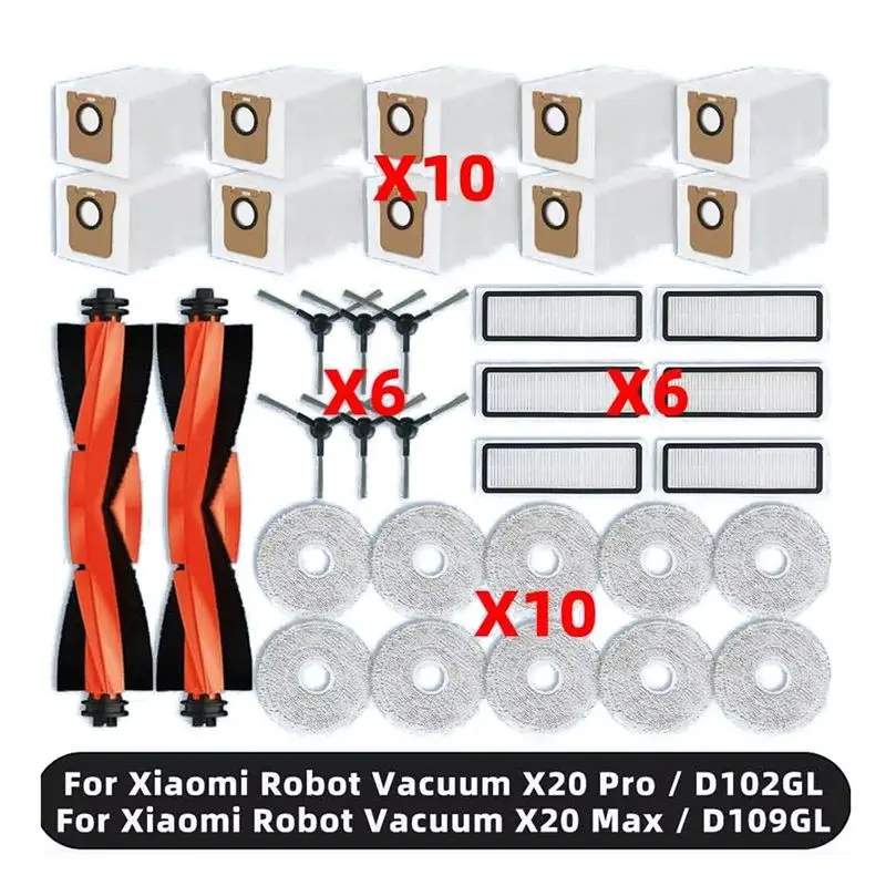 

Совместимые запчасти A24F для робота-пылесоса Xiaomi X20 Pro / X20 Max / D102GL / D109GL: основная и боковые щетки, HEPA-фильтр, салфетка для влажной уборки