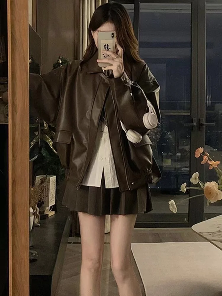 레트로 오토바이 PU 가죽 재킷 여성용 가을 겨울 신상 슬림핏 스트리트 패션 커플 매칭 코트