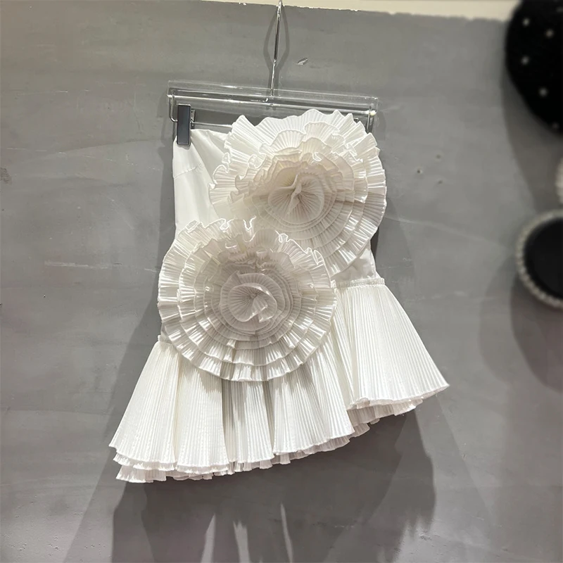 2023 Summer SweetWear Three-Dimensional Flower Pleated Ruffled Tube Top for Women Backless Shirts Party Blouses Red Blusas Femme