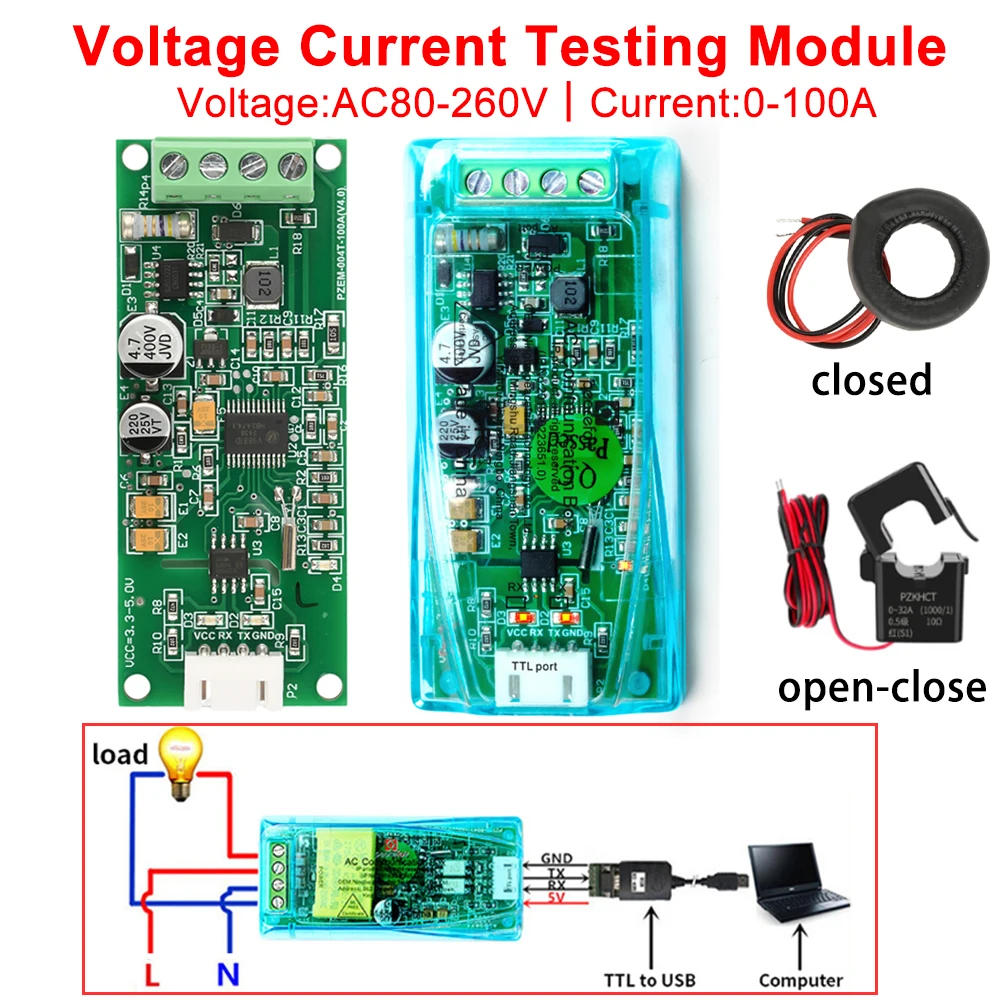 

PZEM-004T Digital Voltmeter Ammeter Wattmeter 100A AC 80-260V Digital Test Pulse Communication TTL Serial Module COM2\COM3\COM4