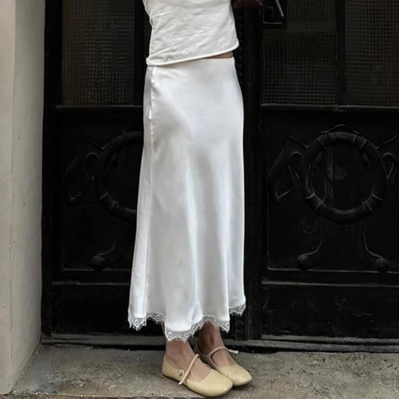 

2025 Summer Fashion New Satin Splicing Lace Half-Length Skirt for Women, A-Line Long Skirt Suitable for Commuting