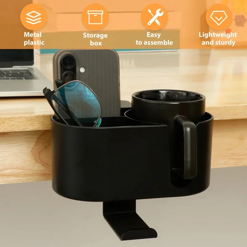 4 in 1 Desk Cup Holder Headphone Hanger Universal Adjustable Leak Proof Clip On Table Coffee Mug Holder Gaming Desk Organizer view 2
