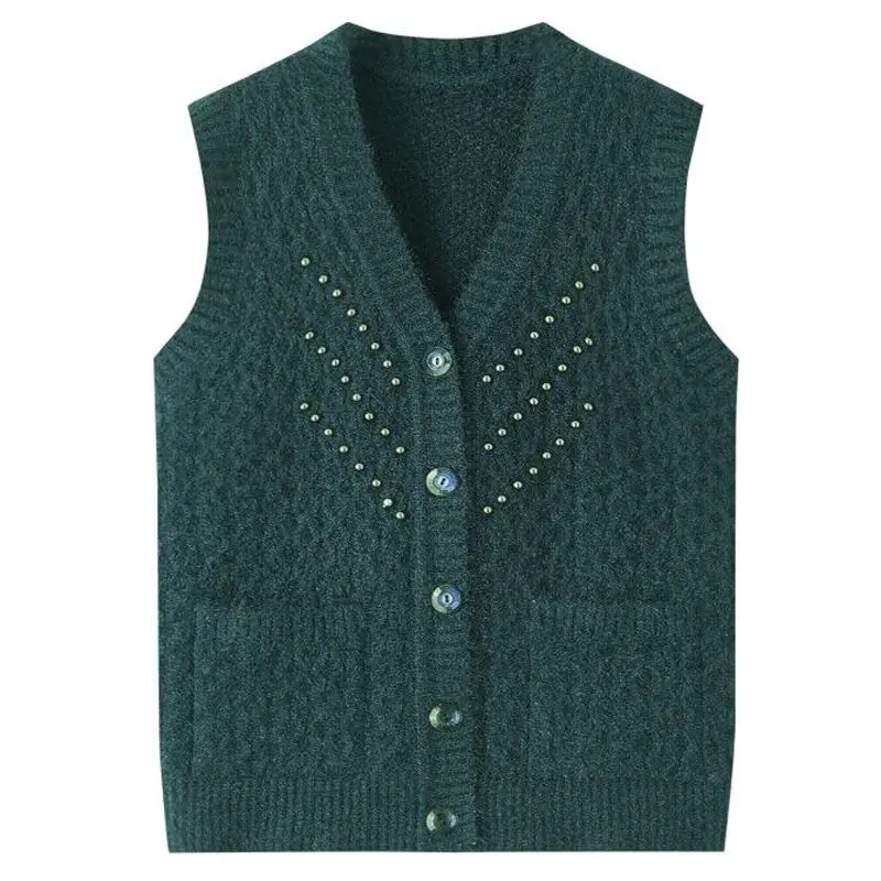 Middle-Aged Elderly Mom Vest Sweater Women\'s Spring Autumn Winter Knitted Sweater Cardigan Jacket Sleeveless Single Breasted Top