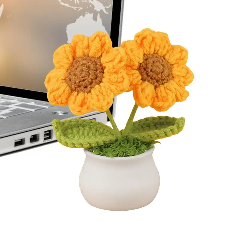 Girassol crochê artesanal para Desk Decor, Flores artificiais, Mesa em vaso