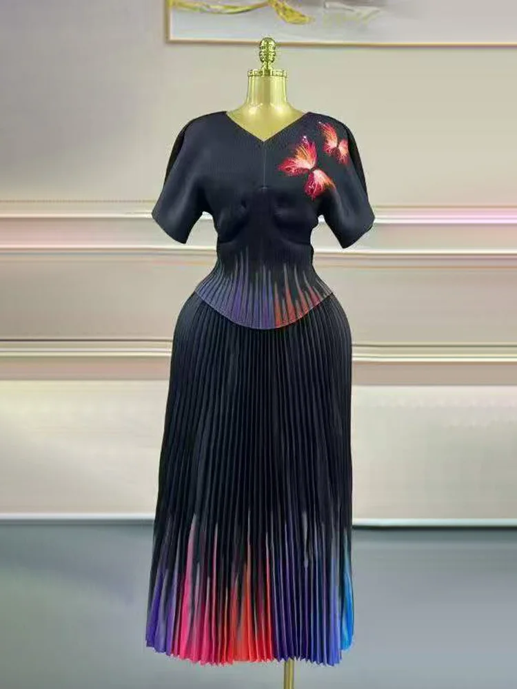 Egrm miyake solto design high-end conjuntos plissados temperamento impresso plissado cintura bat manga saia elegante conjunto de duas peças 7r2619