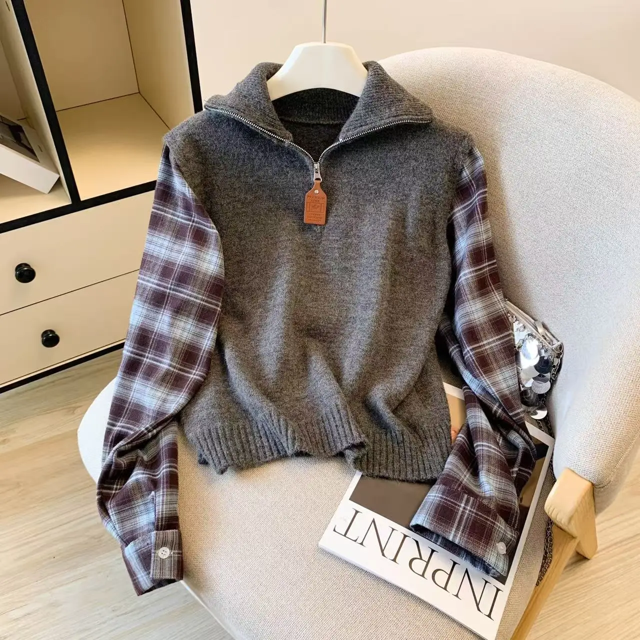 

Высококачественный женский вязаный свитер Long Sve, осенний новый универсальный клетчатый лоскутный свитер для поездок на работу, прямой шерстяной трикотаж