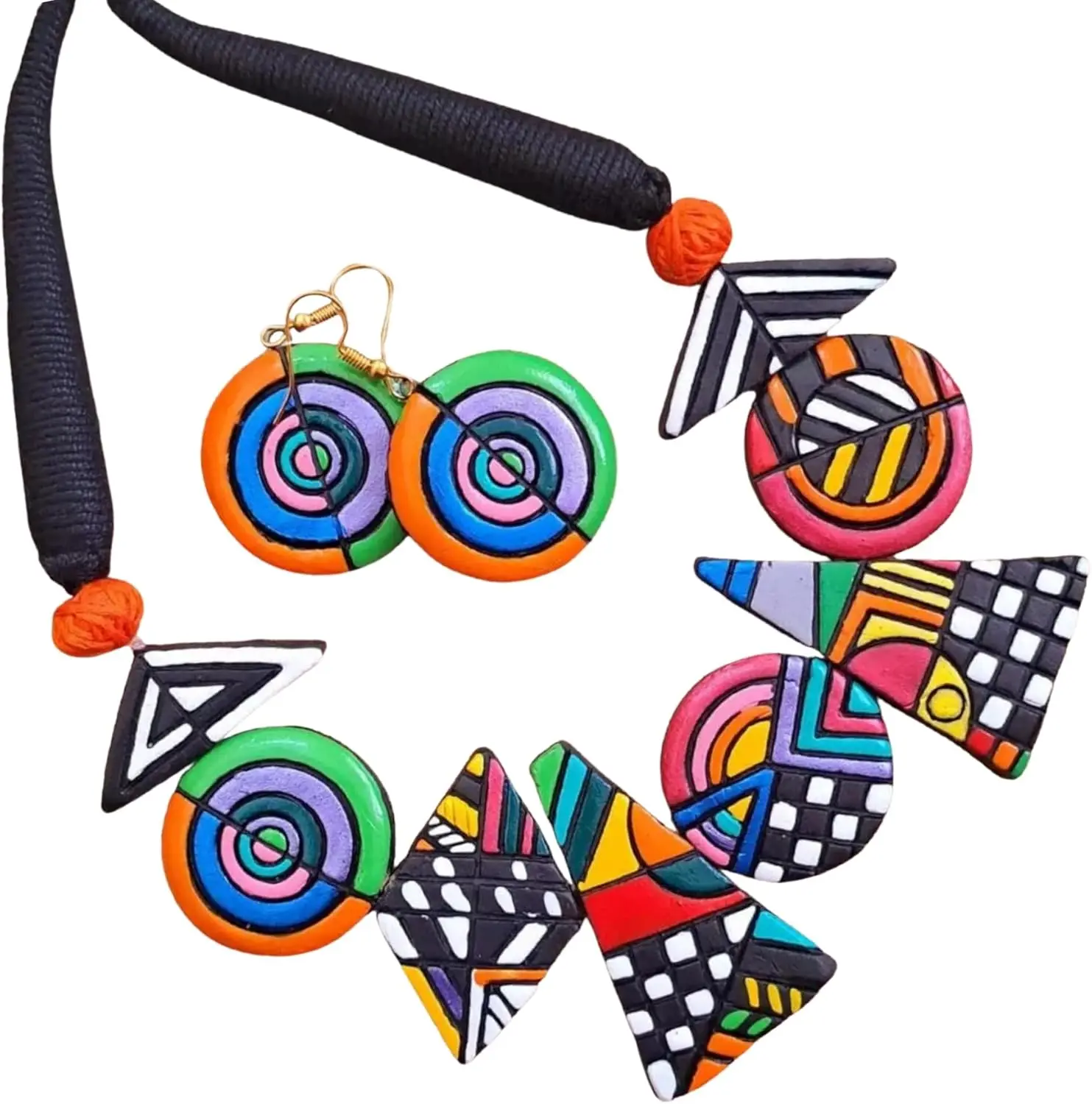 

Hand Painted Clay Necklace and Earrings Set Colorful Geometric Terracotta Jewelry Gift for Women