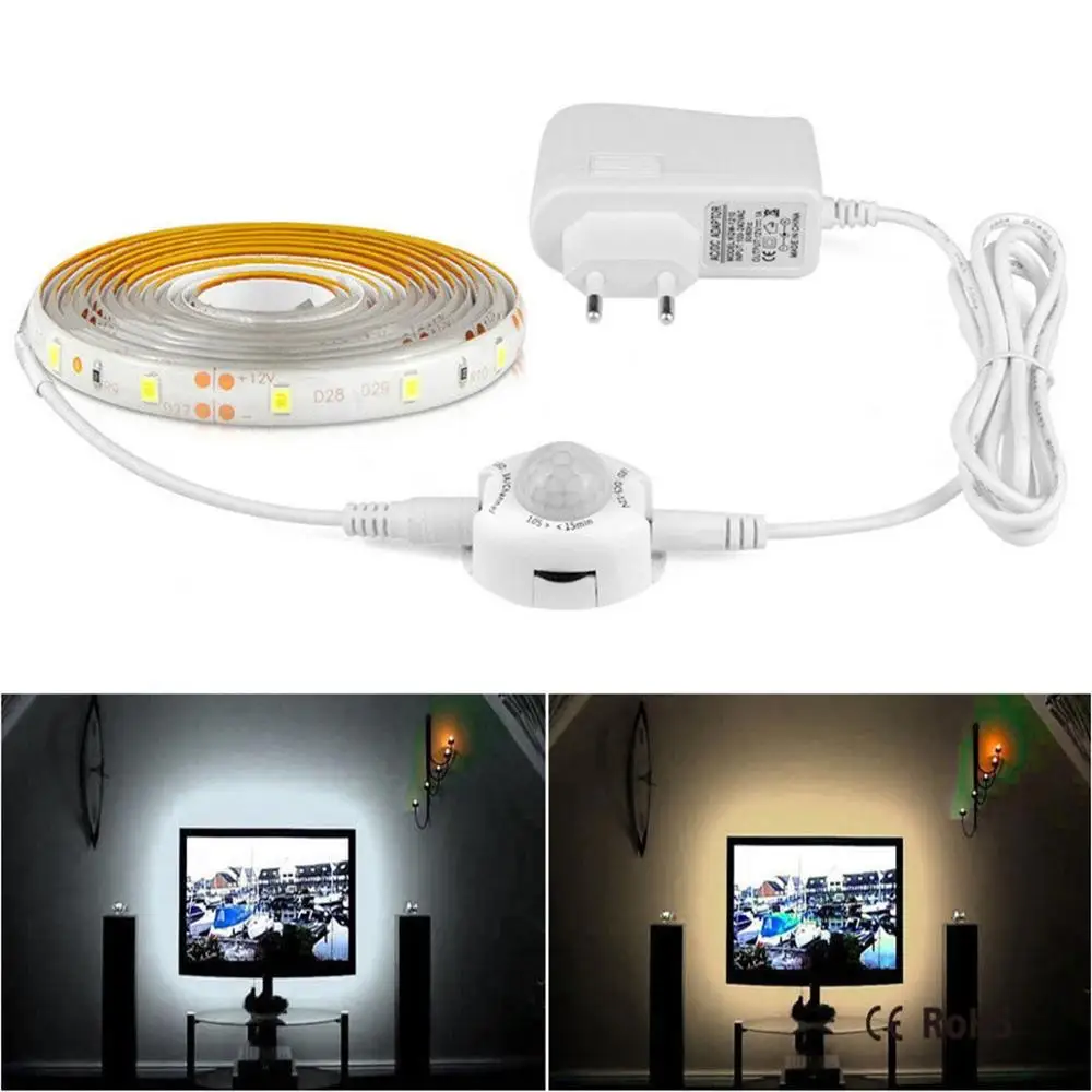 

1-5M PIR Motion Sensor LED Strip Light In Under Cabinet Closet Night Light 12V TV Back Decoration Lamp, US EU Plug