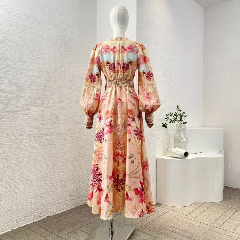 Vestido Midi de manga larga con estampado Floral para mujer, vestido rosa y rojo con cuello de pico, alta calidad, novedad de 2024