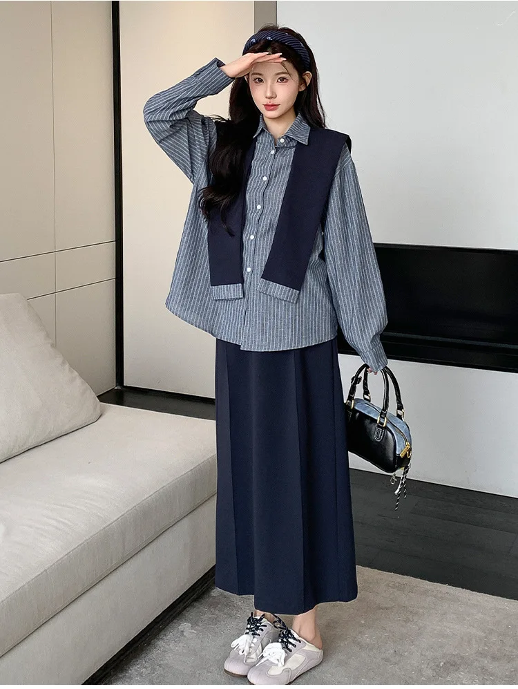 Camisa a rayas de manga larga para maternidad, traje de 3 piezas con chal y falda, moda informal holgada, estilo coreano, Vibe perezoso, otoño