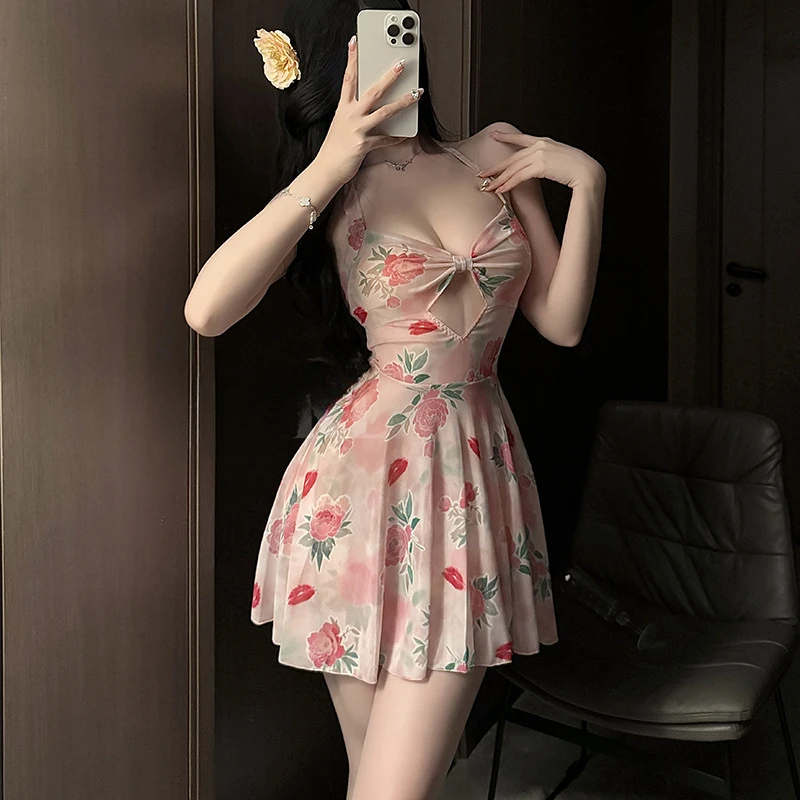 

Сексуальная ночная рубашка с милым принтом, платье, нижнее белье Spicy Girl Pure Desire Temptation, одежда для сна, ажурная пижама, ночная рубашка с открытой спиной