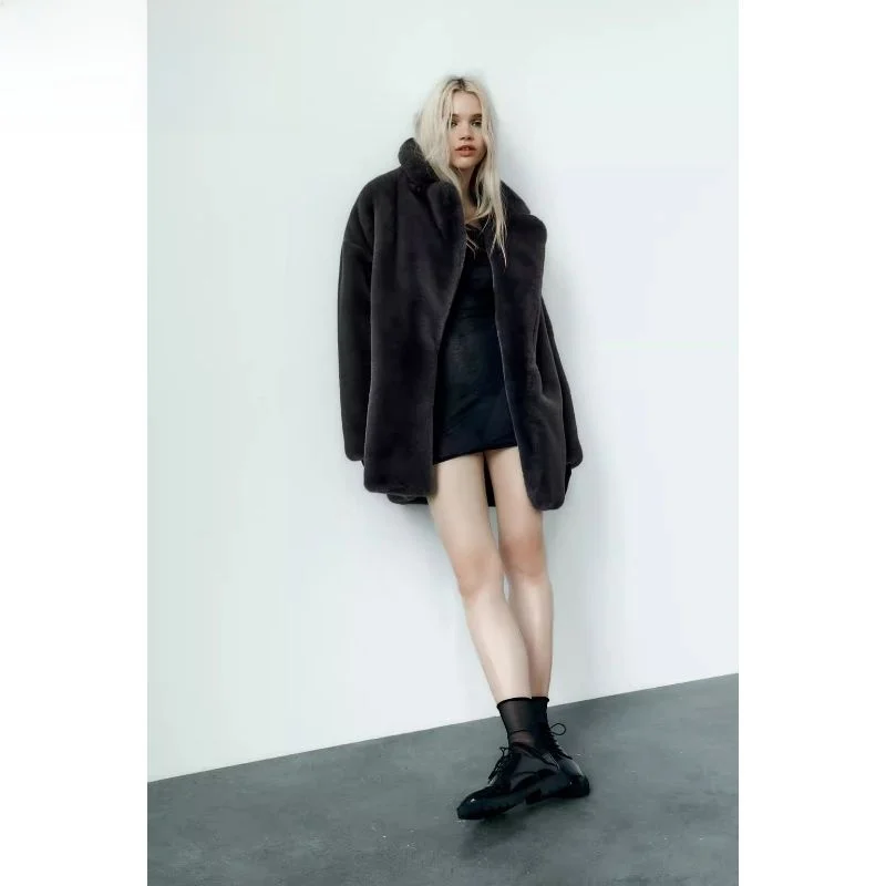 

Loose Bla Faux Fur Effect Coat New Autumn Winter Women's Outerwear Ele Sle Regular Length Sweet Sle Other Brand
