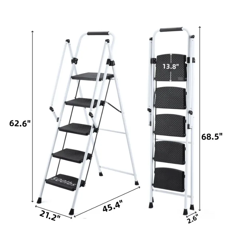 Portable steel stool 5 steps, 300 lbs, non-slip wide pedal, safety handle, light weight, white