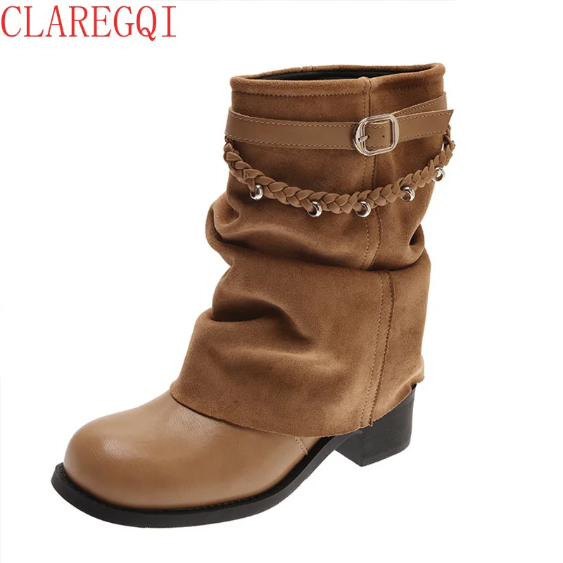 Hot Fashion Models Piled Up And Short Boots Femme Cuir Cosy Womens Fall Boots Cowhide Thick Heel  Women's Boots
