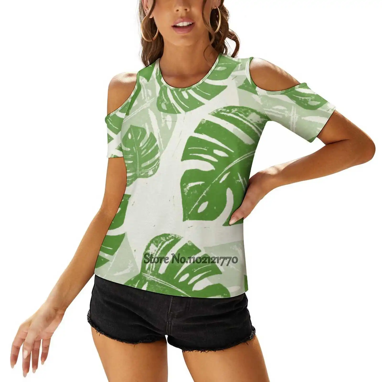 Linocut Leaf Pattern Women'S T-Shirt Casual Short Sleeved Tops Tee Ladies Loose T Shirts Linocut Lino Linoldruck Linoprint Leaf