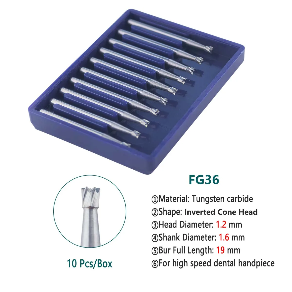 10Pcs Dental Tungsten Carbide Burs Inverted Cone Burs Drill Dia.1.6mm FG34/FG35/FG36 for High Speed Handpiece Dentist Lab Tools