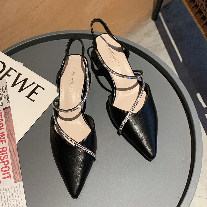 

2025 Women Summer High Heel Sandals Square Pointed Toe Shoes Women Back Strap Buckle Strap Sexy Pumps Fairy Style Caystal Chunky