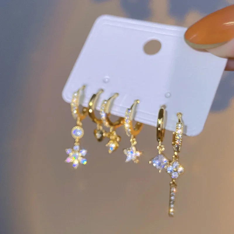 여성용 기하학적 펜던트 후프 귀걸이, 크리스탈 스타 하트 활 드롭 귀걸이, 연골 피어싱 쥬얼리, 골드 컬러, 6 개/세트, 신제품 